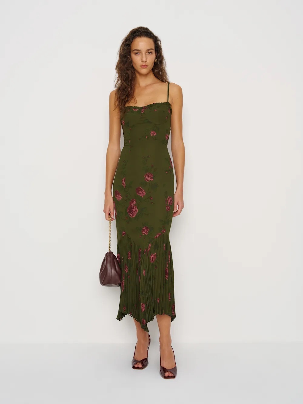NWT Reformation Aiko Haiku Olive Green Floral Midi Dress with Pink Blooms size 0 - Picture 2 of 8
